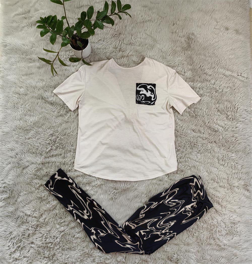 Women's Spring Printed Low Back T-shirt Pants Casual Two Piece Set 6