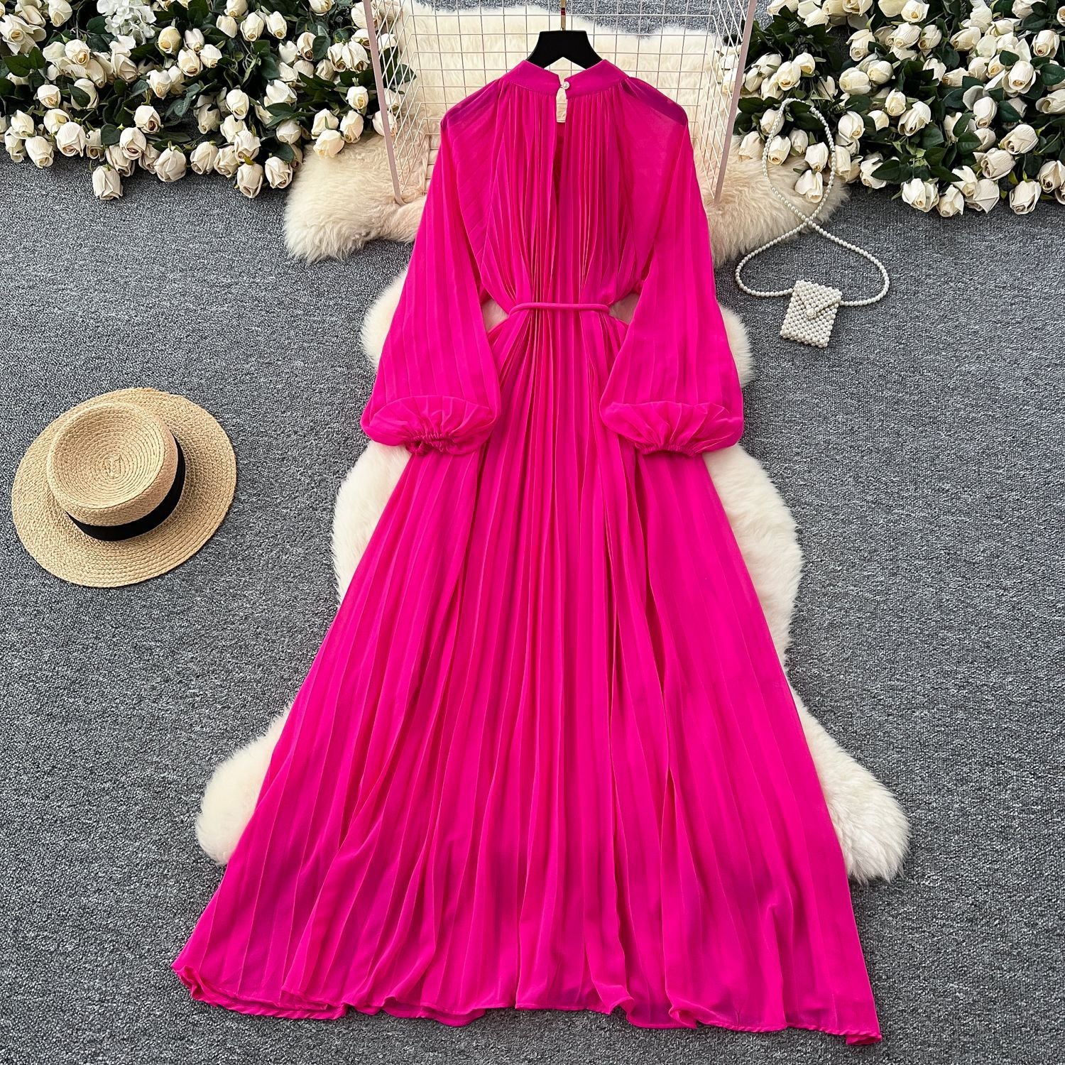 Elegant Women's Luxury Beaded Flower Belt Slim Waist Pleated Long Dress 11