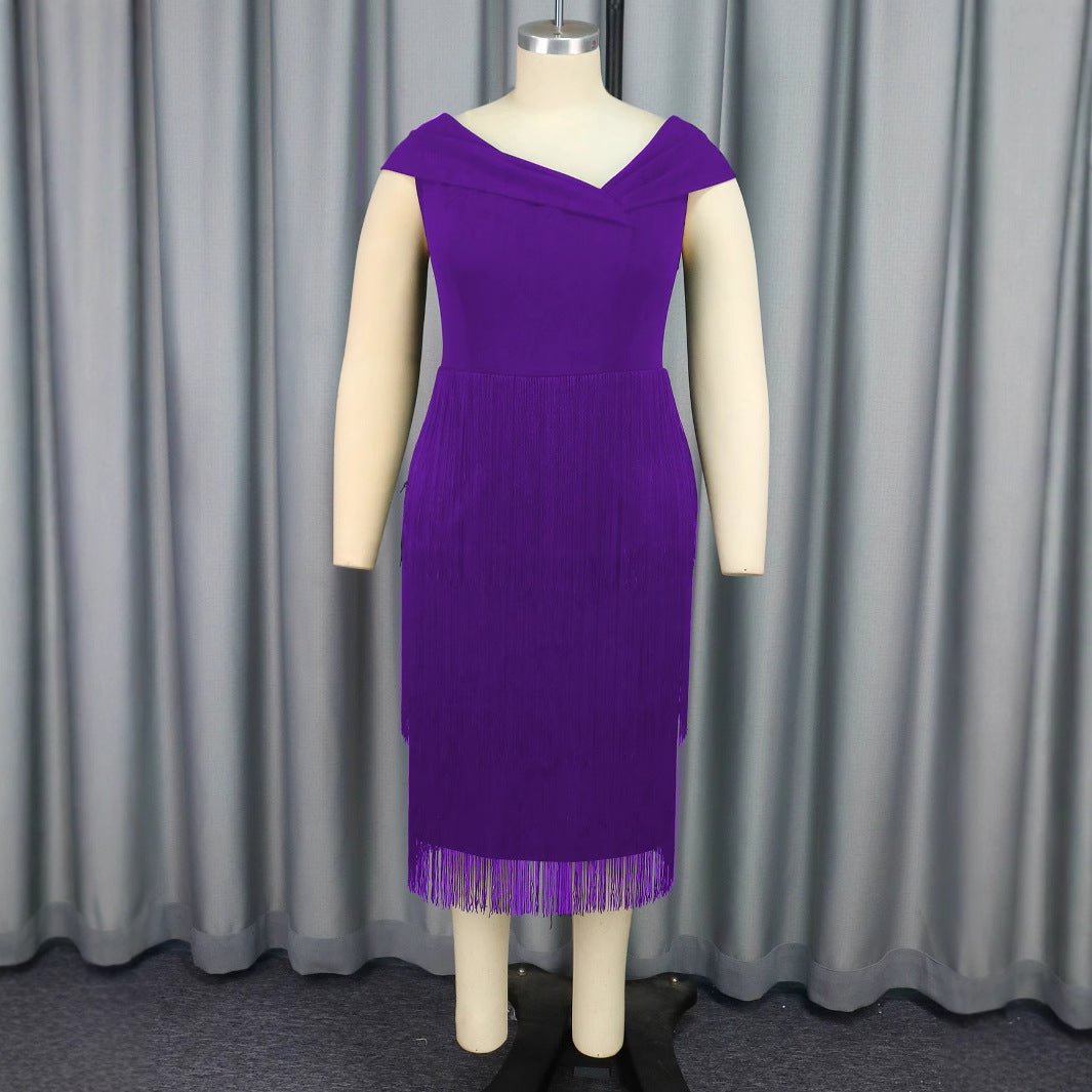 Women Asymmetric Collar Sleeveless Tassel Party Dance Elegant Dress 6