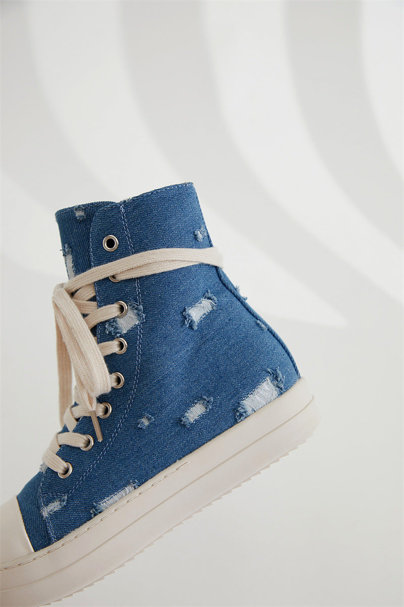 Platform Canvas Shoes Women's Washed Couple High-Top Shoes Ripped Denim Style Trendy Shoes For Men 20