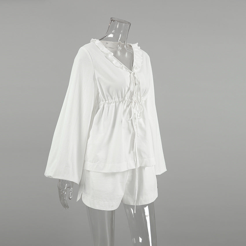 Summer Comfortable Style Sexy White V-Neck Slim Waist Lace-Up Long-Sleeved Top Shorts Linen Ruffle Two Piece Set 9