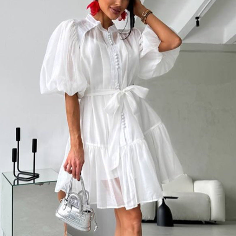 Women Solid Puff Sleeve Short Skirt Lace-Up Dress