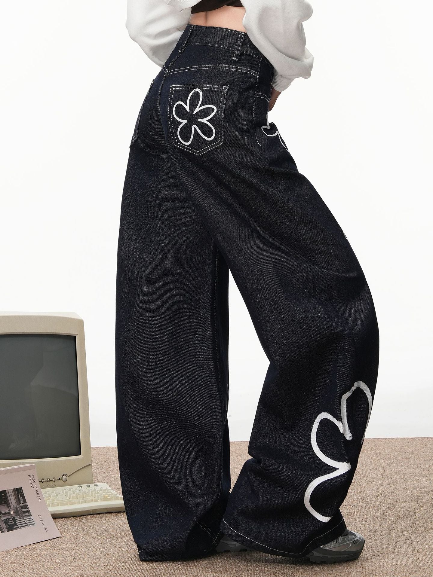 Women American Striped Floral Print Denim Pants 5