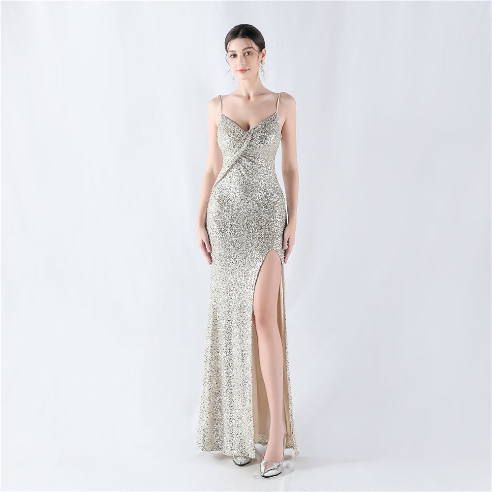 Women sequined sexy split sling evening dress 17