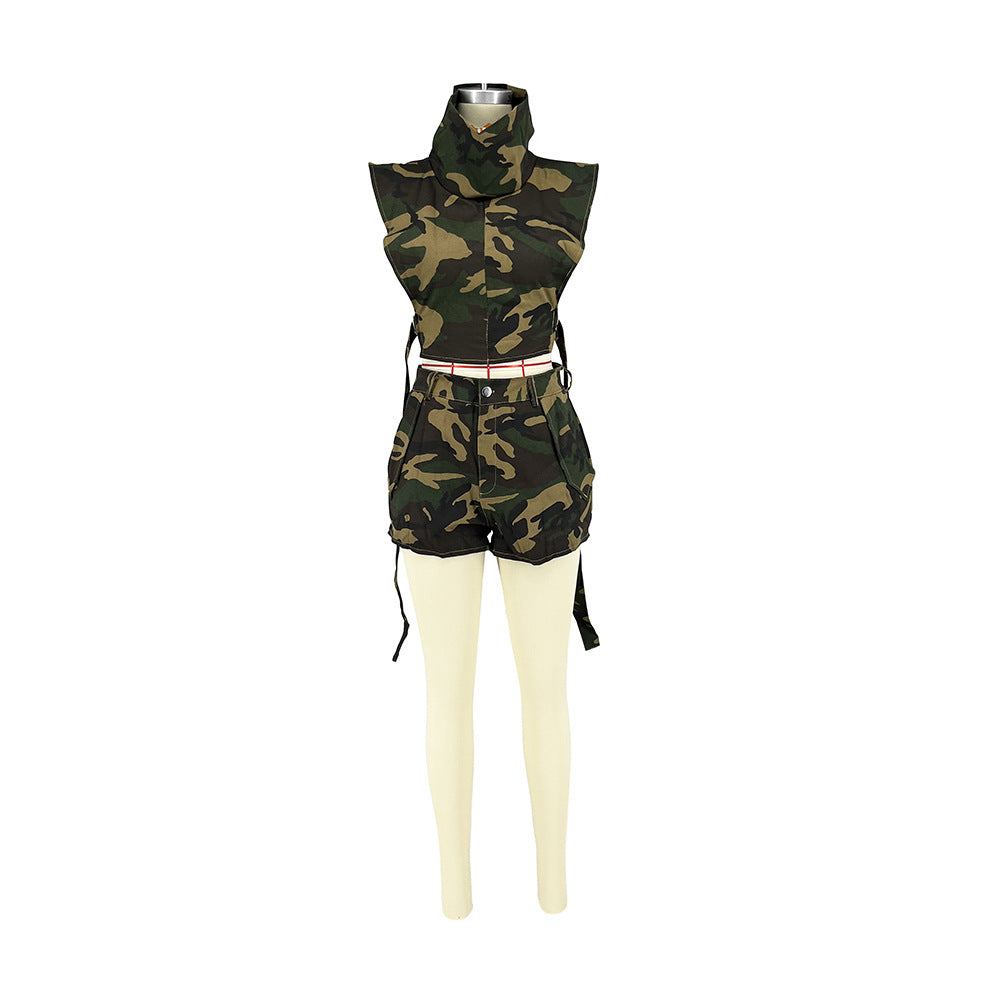 Women Summer Camouflage Pocket Top and Short Two-Piece Set 12
