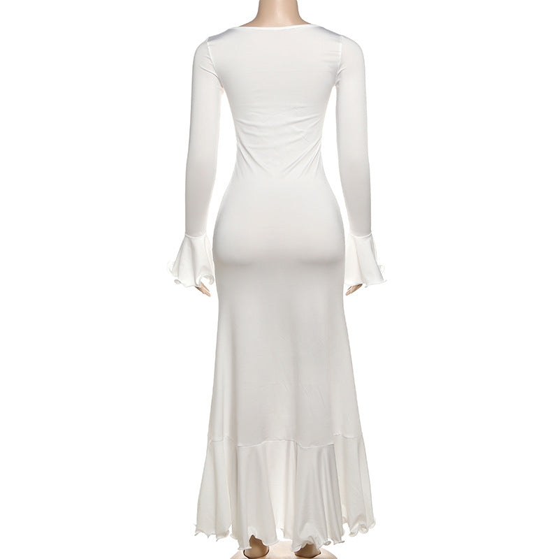 Women Summer Sexy Solid Long Sleeve V-neck Ruffled Slit Dress 7