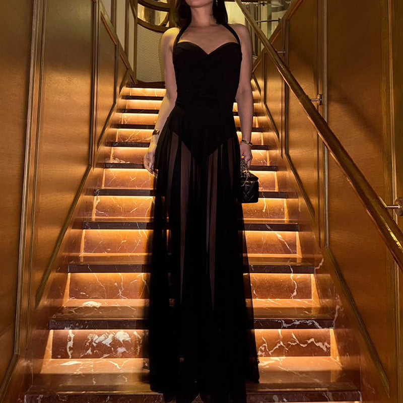 Women Spring Summer Sexy Mesh Patchwork Sleeveless Halter Neck Dress 6