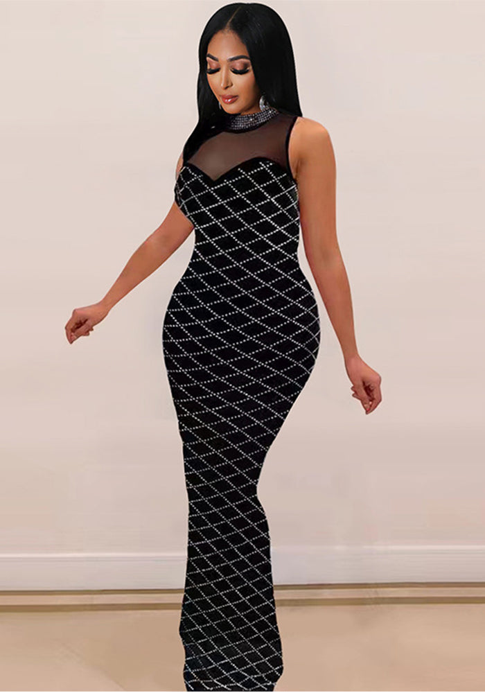 Women solid beaded mesh sleeveless formal party dress