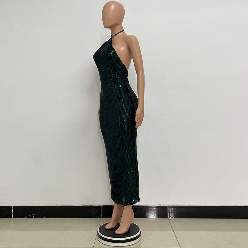 Women sleeveless French split sequin party Evening Dress 16