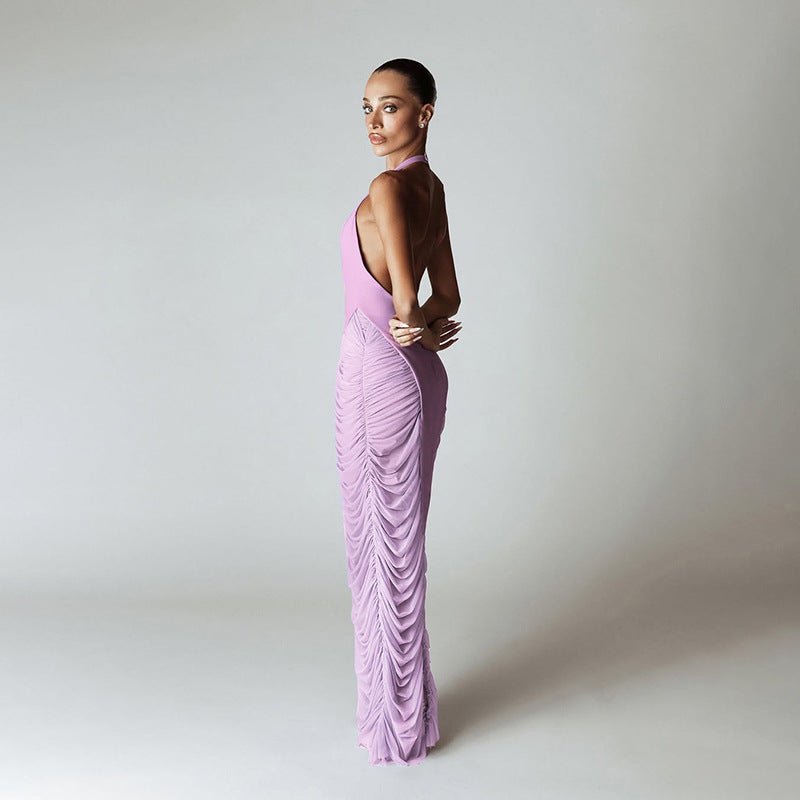 Women summer sexy deep V-neck Halter Neck Patchwork Mesh Dress 5