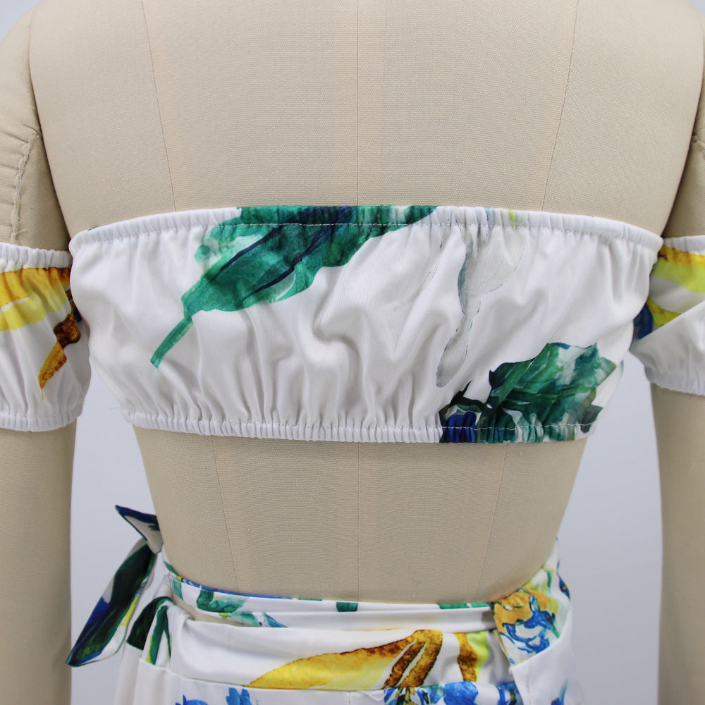 Women summer printed short-sleeved crop Top and slit Skirt sexy two-piece set 29