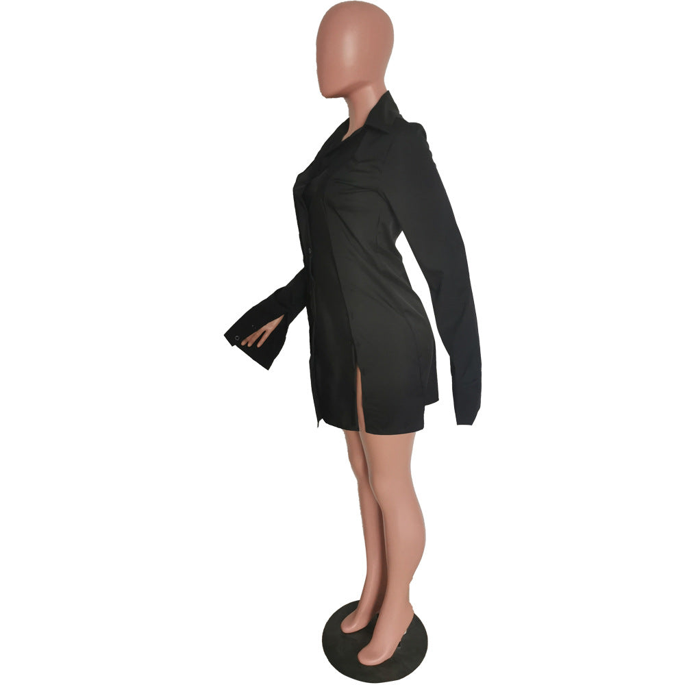 Women's Solid Color Single-Breasted Slit Long Sleeves Shirt Dress 20