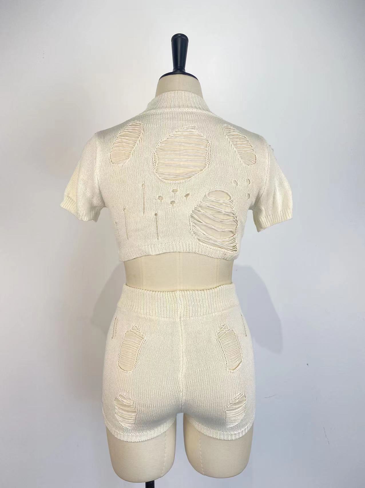 Women Fashion Knitting Tight Fitting Hollow Out Sexy Two Piece Shorts Set Spring Summer 10