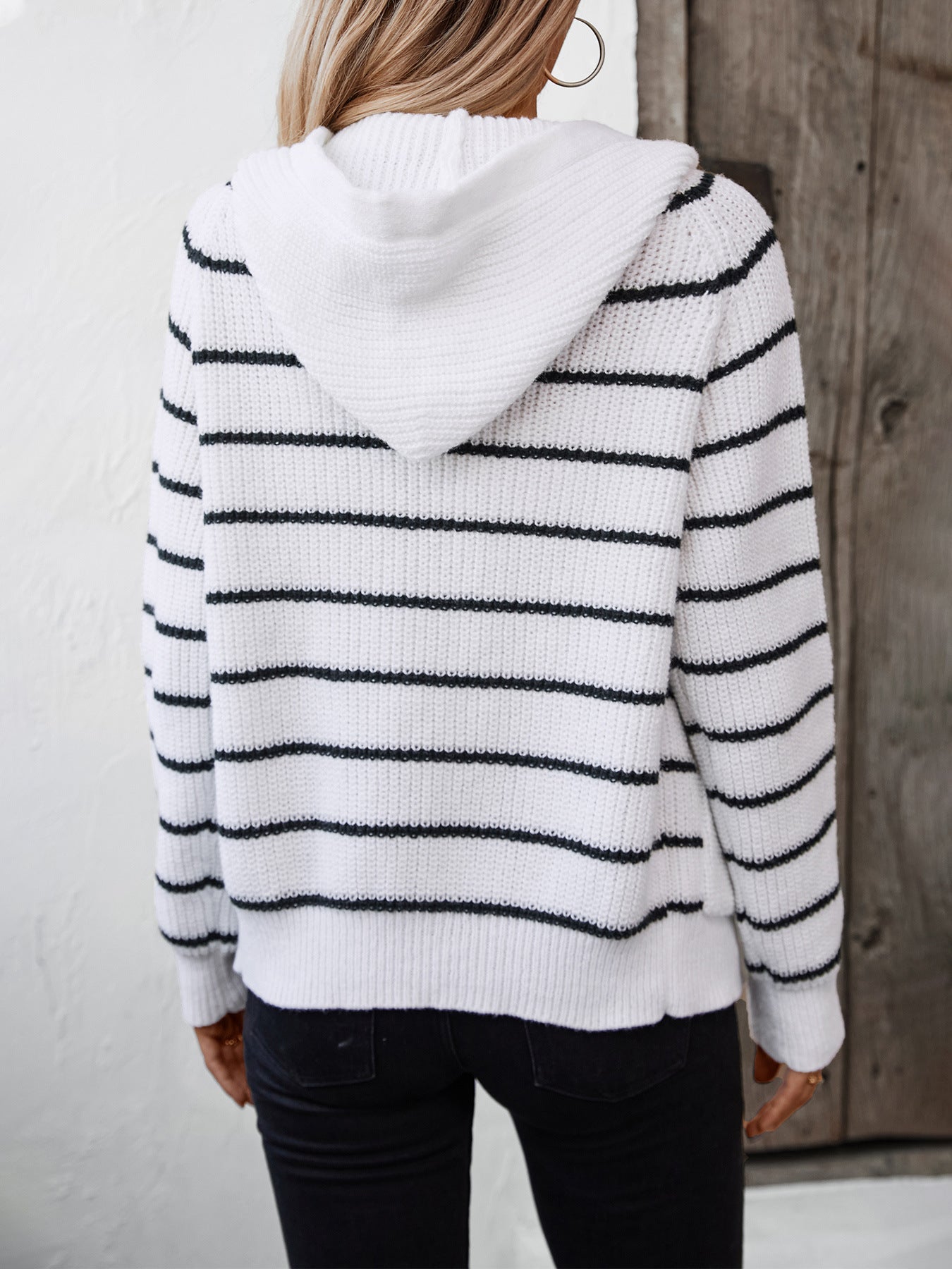 Hooded Striped Knitting Cardigan Women Autumn And Winter Loose Casual Pocket Sweater 5