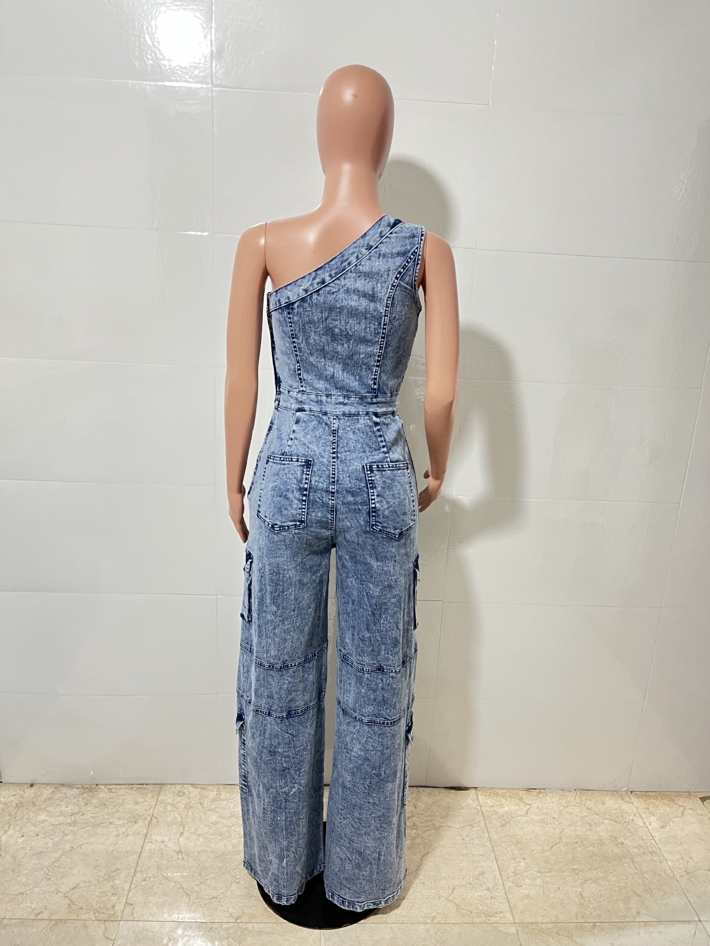 Women slash shoulder stretchy washed denim jumpsuit 8
