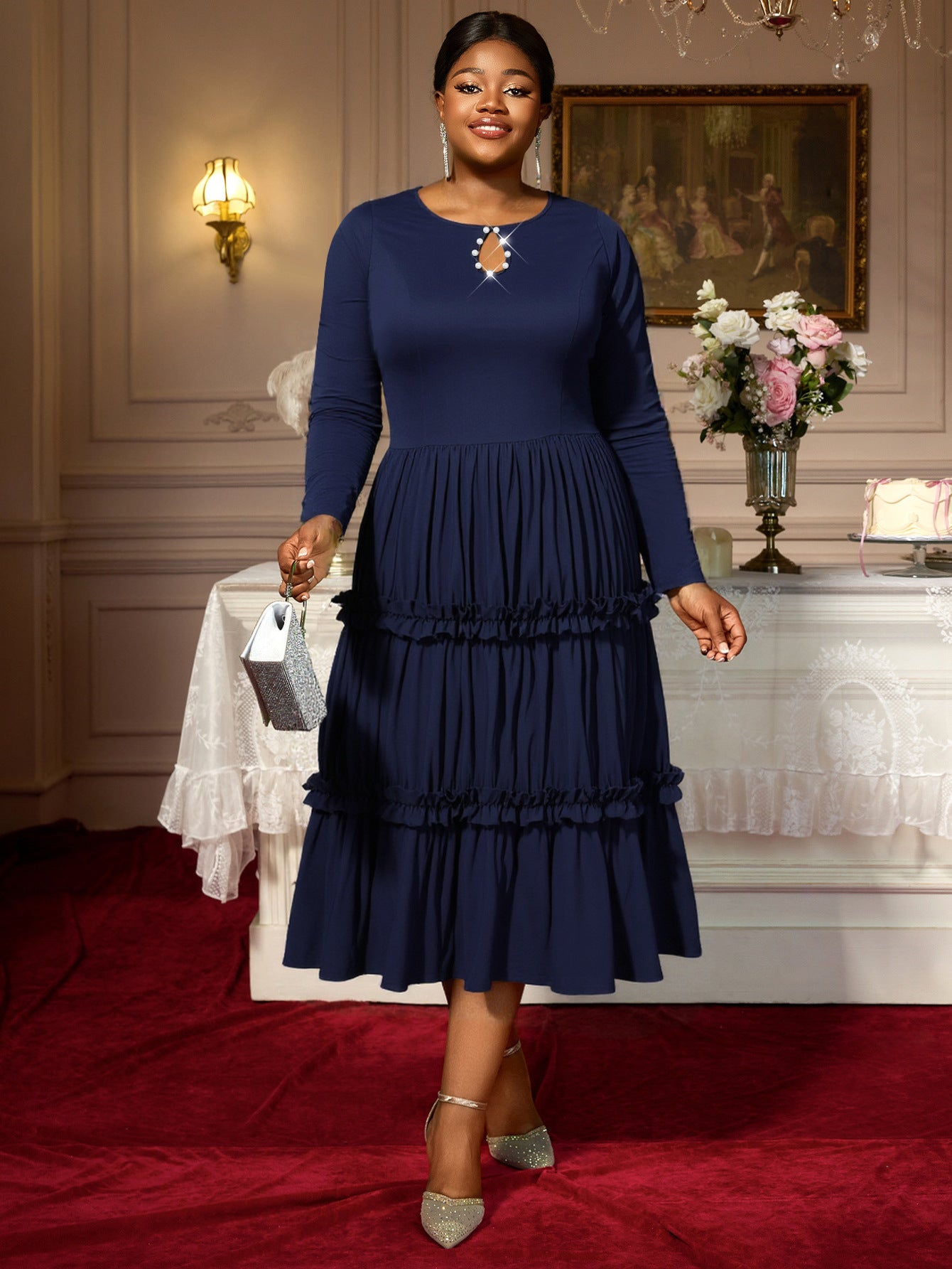 Plus Size Women's Autumn Round Neck Cut-Out Knitting Long Sleeve Gathers A-Line Dress