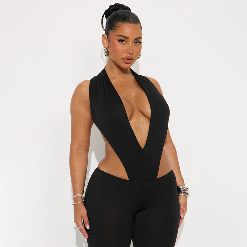 Women Spring and Summer Sexy V Neck Sleeveless Bodysuit and Flared Pants Two-piece Set 15