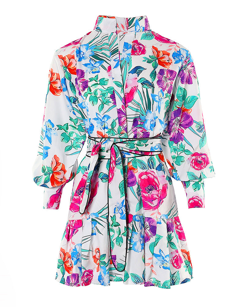 Women'S Fall Floral Printed Long Sleeve Shirt Pleated Dress 7