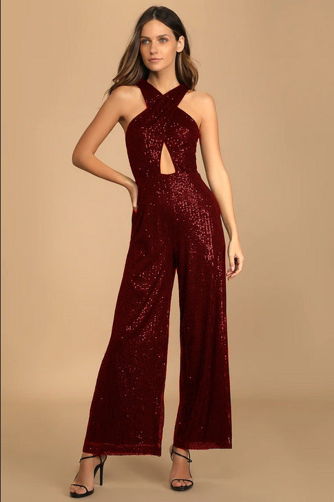 Women's Cross Strap Sequin Sexy Party Jumpsuit 4