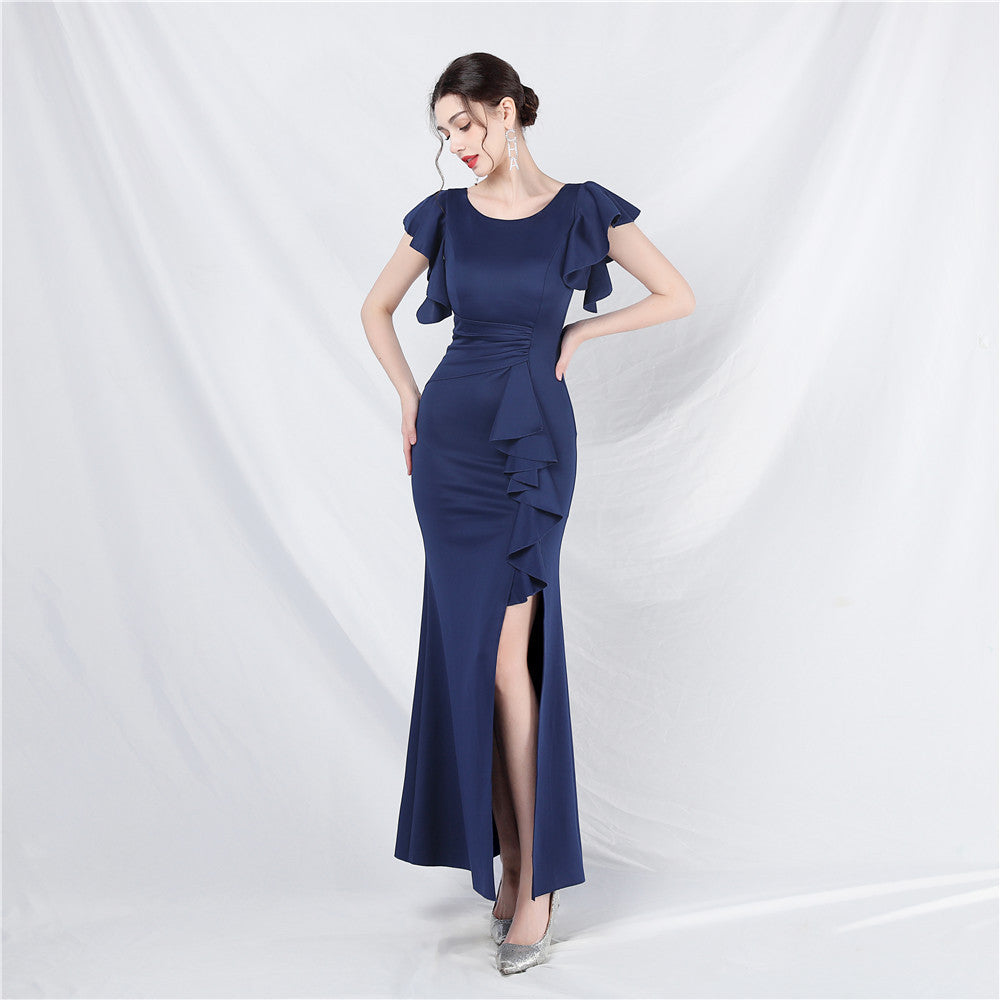 Women Ruffles Short Sleeve Slit Party Evening Dress 10