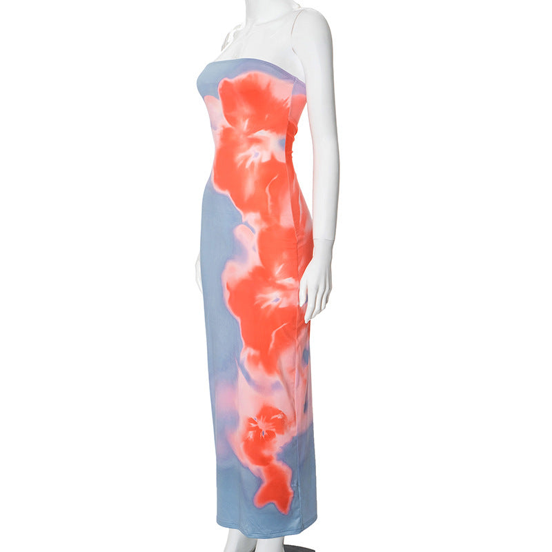 Women Summer Strapless Floral Print Slit Maxi Dress 7