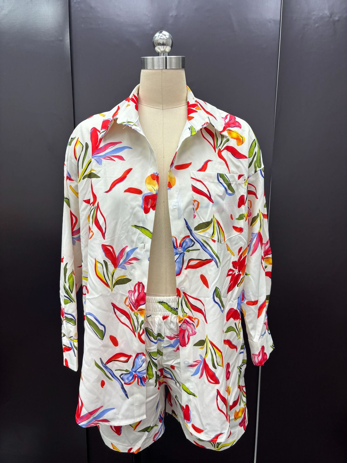 Fall Women Print Long Sleeve Shirt Shorts Women Two-Piece Set 20