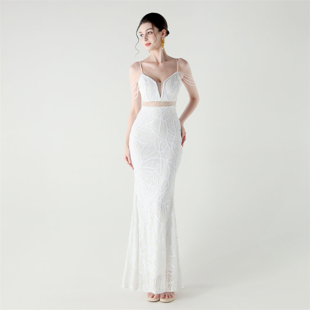 Women beaded cross Lace-Up v-neck fishtail Formal Party evening dress 9