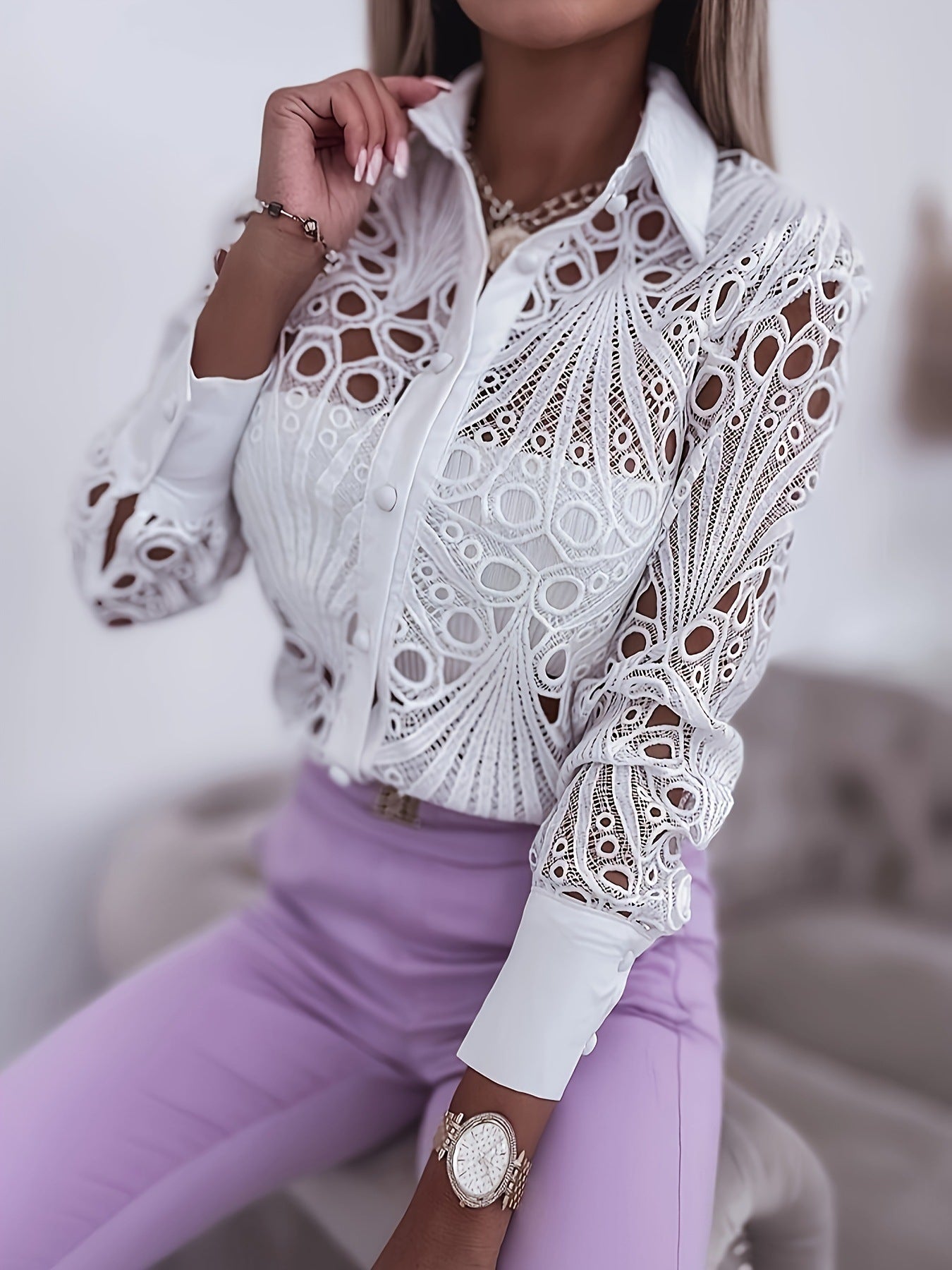 Spring Autumn Career Women Fashion Lace Hollow Long-Sleeved Shirt