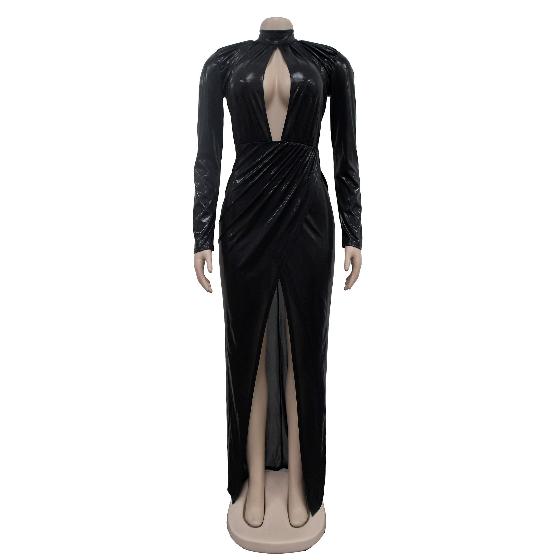 Women Solid Shiny Long Sleeve Pleated Maxi Dress 15
