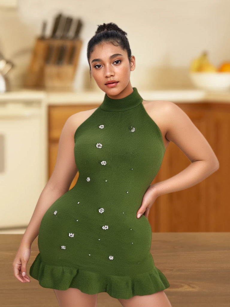 Women beaded Halter Neck sleeveless knitting dress 3