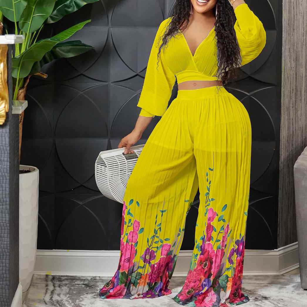 Fashion Suit Women's V-Neck Bat Sleeves Chiffon Top Pleated Wide Leg Pants Two Piece Set 6