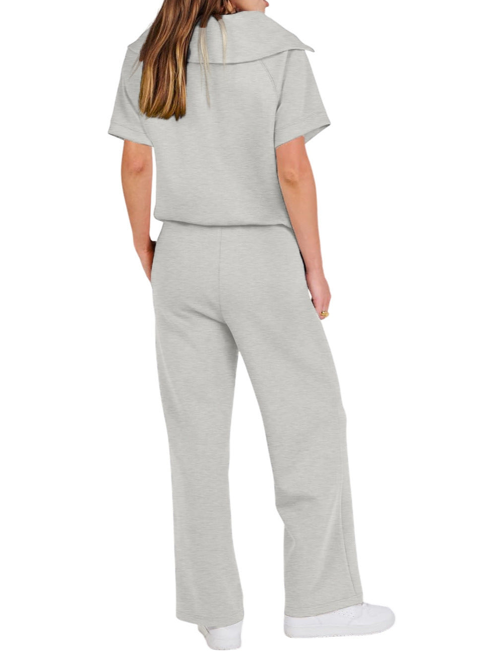 Women Casual Solid Zipper Shirt And Wide Leg Pants Two Piece Set 5