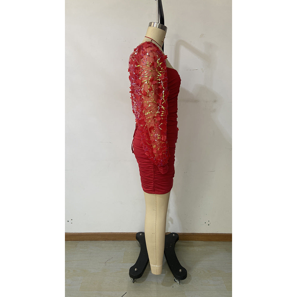 Autumn Winter Sexy Chic Dress Butterfly Sequin Lantern Sleeve Long Sleeve Party Nightclub Dress 9