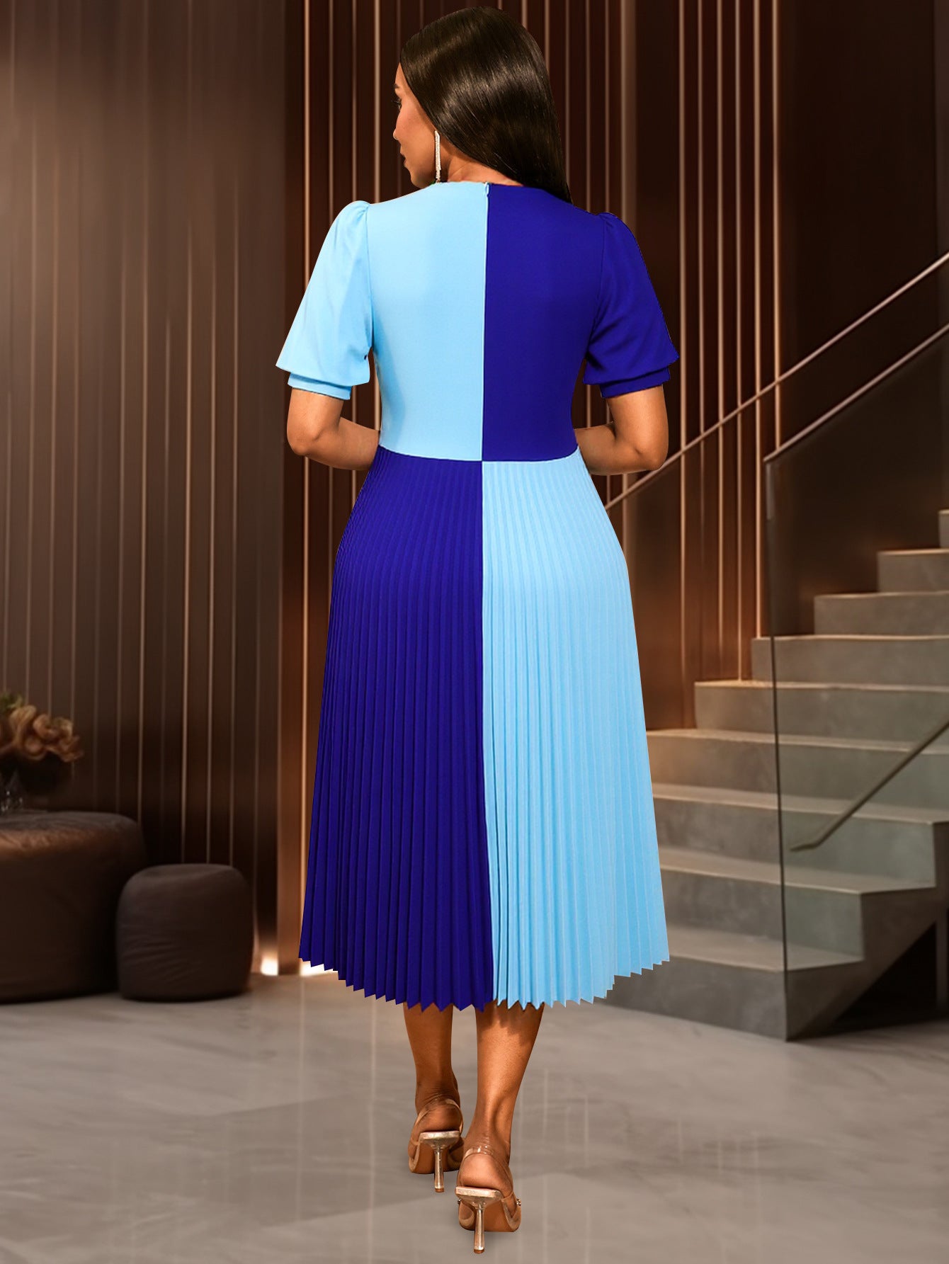 Color Block Patchwork V-Neck Sexy A-Line Dress Slim Waist Party Pleated Dress