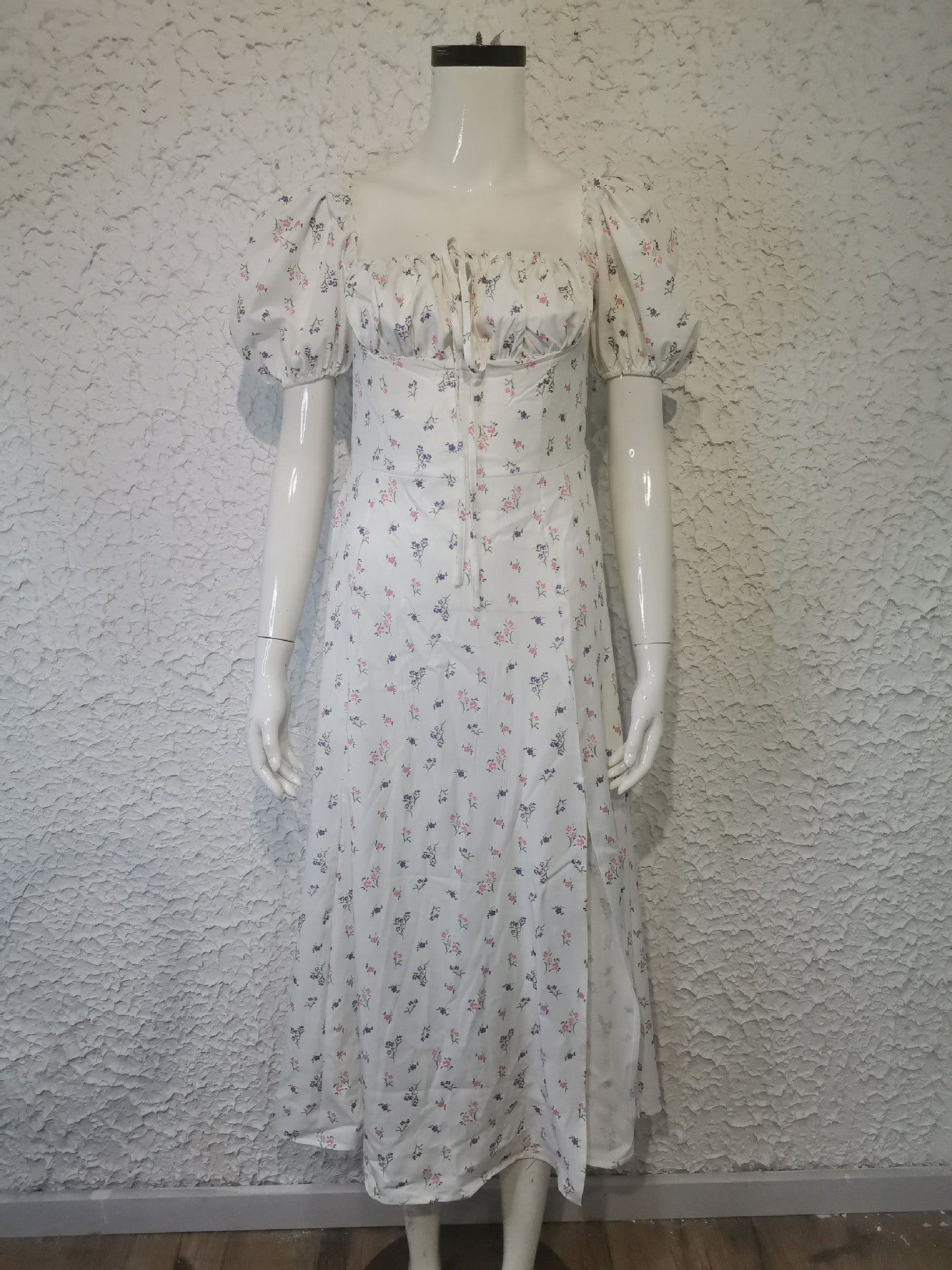 Women's summer fashion puff sleeve floral tie high slit long summer dress 20