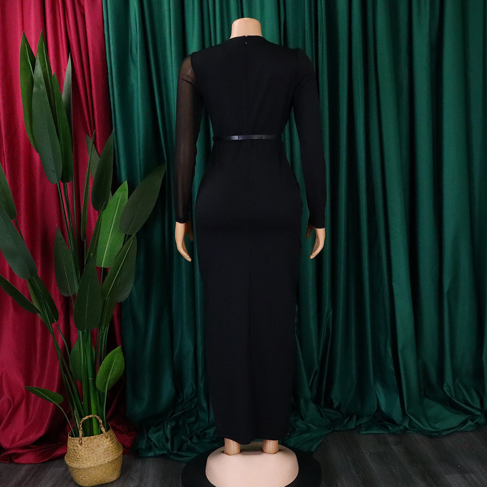 Summer Solid Round Neck Pleated Long Sleeve Plus Size Dress 16