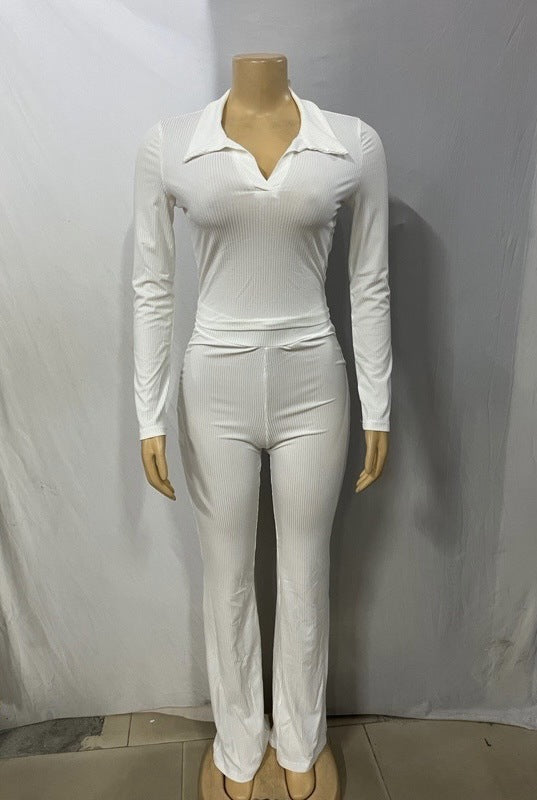 Women turndown collar knitting long sleeve top and Pants two-piece suit 3