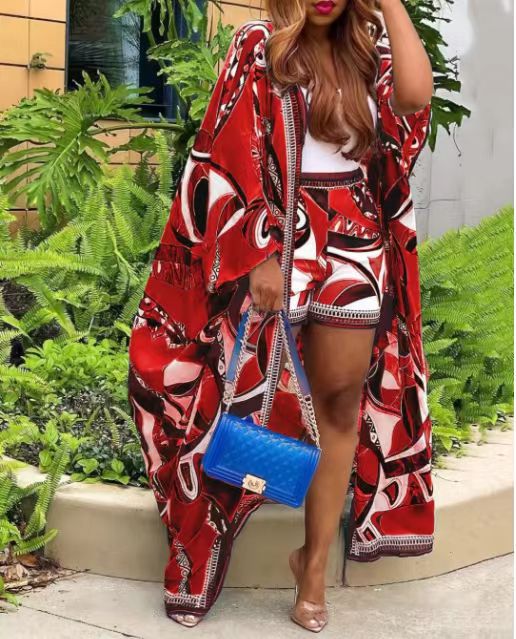 Summer Printed Cardigan and Shorts Set Women's Two-piece Set Outdoor Wear 11