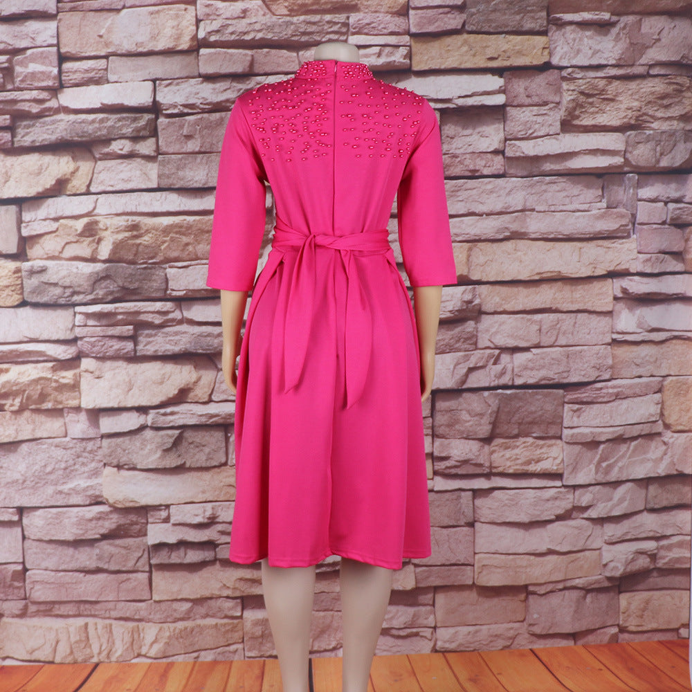 Women African Elegant Stand Collar Beaded Belt Pocket Dress 10
