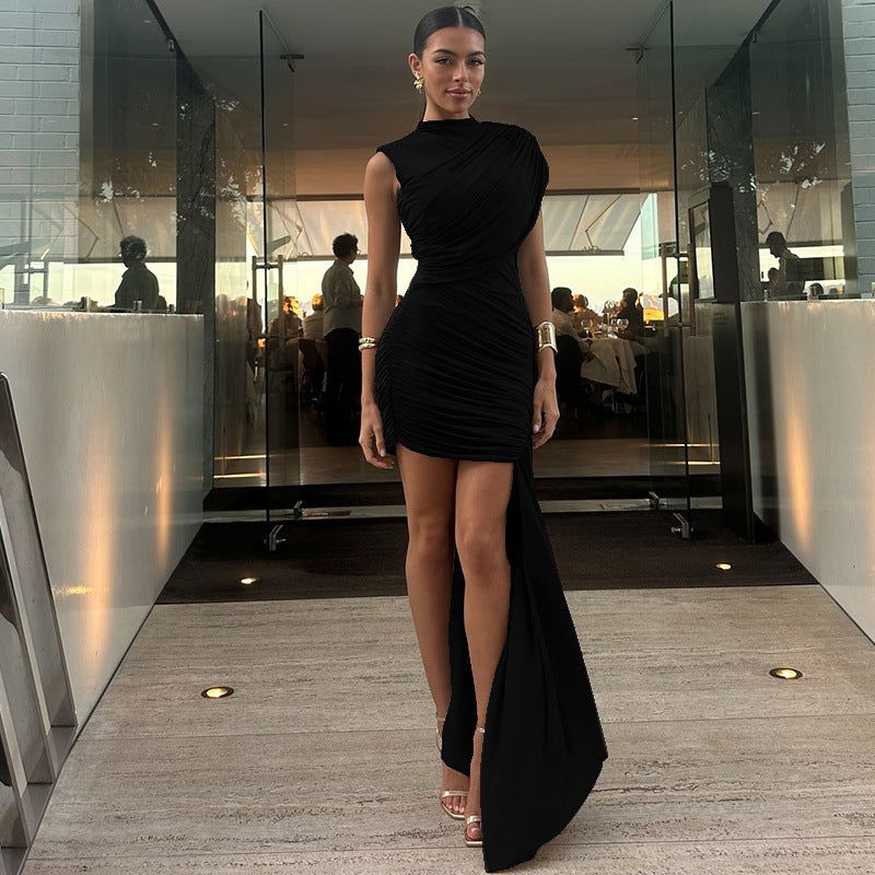 Women Pleated Lace-Up Solid High Neck Bodycon Mini Dress 4