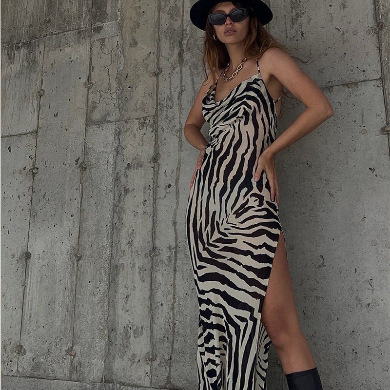 Women autumn zebra print slit lace see-through sexy holidays Dress 4