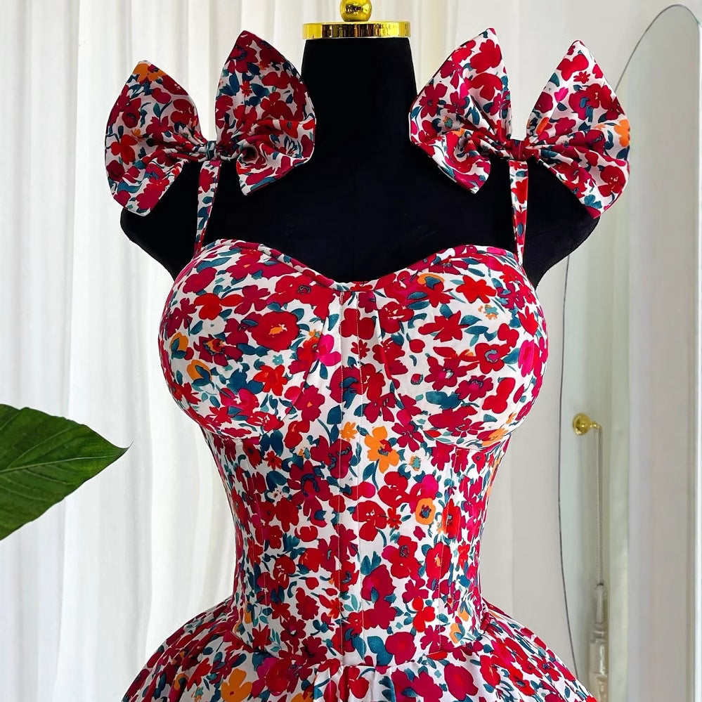 Women spring elegant floral suspender bow dress 5