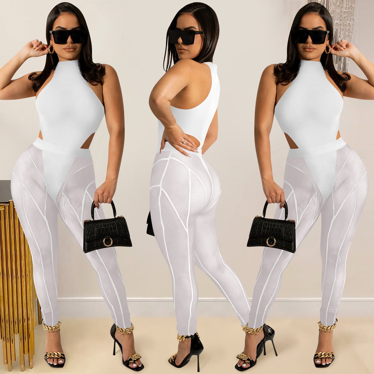 Women sexy Mesh See-Through Top and trousers Two Piece Set