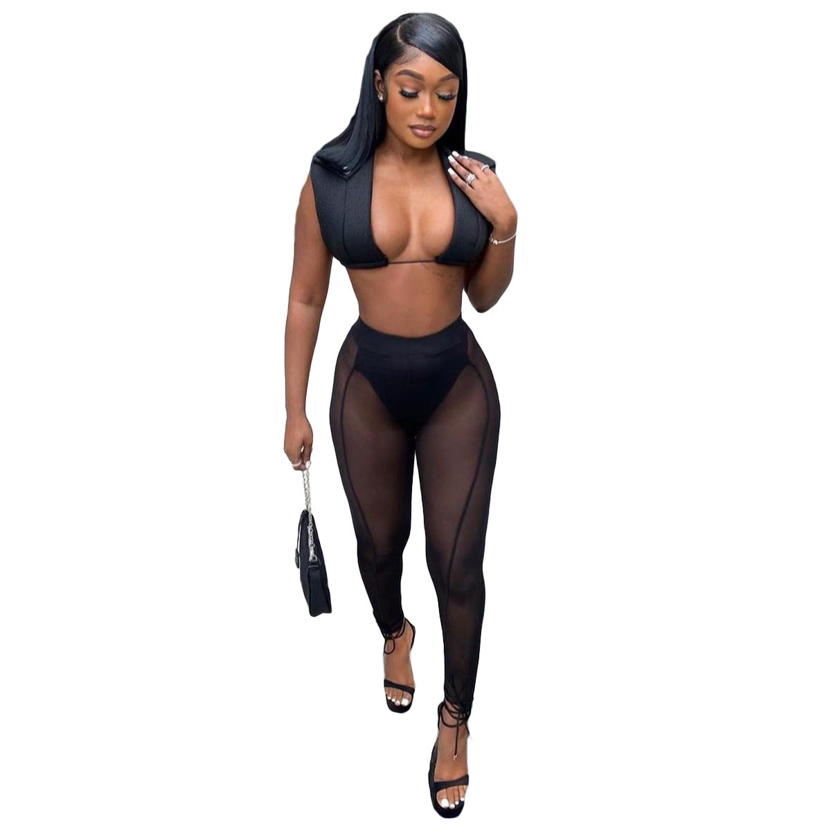 Women 's Mesh See-Through Hollow Vest Mid-Waist Sexy Pants Two Piece Set 26