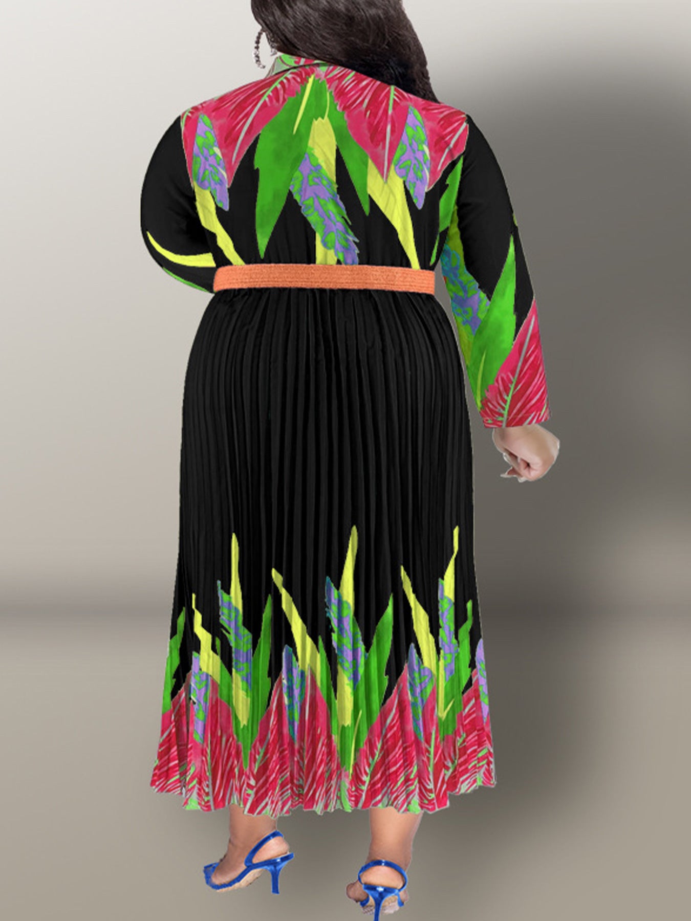 Plus Size Women Printed Pleated Long Sleeve Elegant Dress with Belt 5