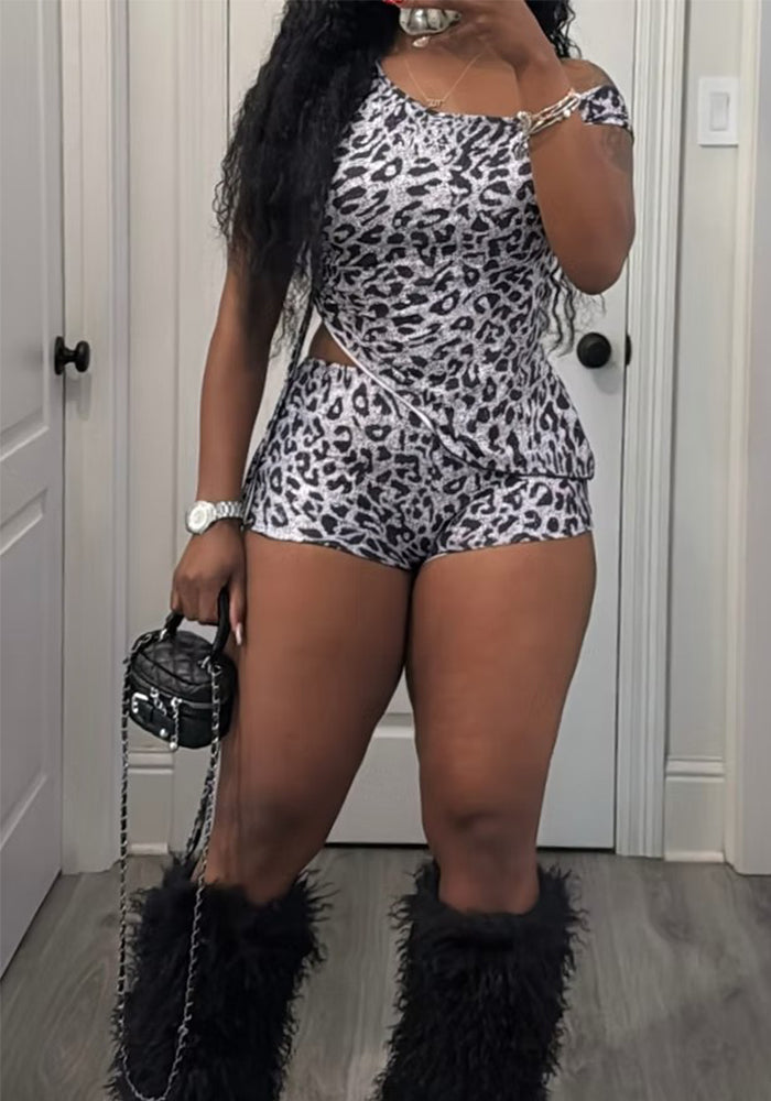 Fashion Leopard Print Sexy Women's Two Piece Shorts Set