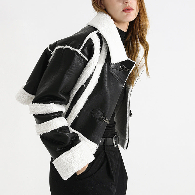 Women's Winter Contrast Color Patchwork Lambswool Fur Jacket