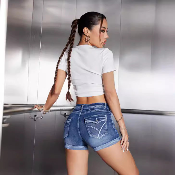 Women Washed Embroidered Stretch Denim Shorts 6