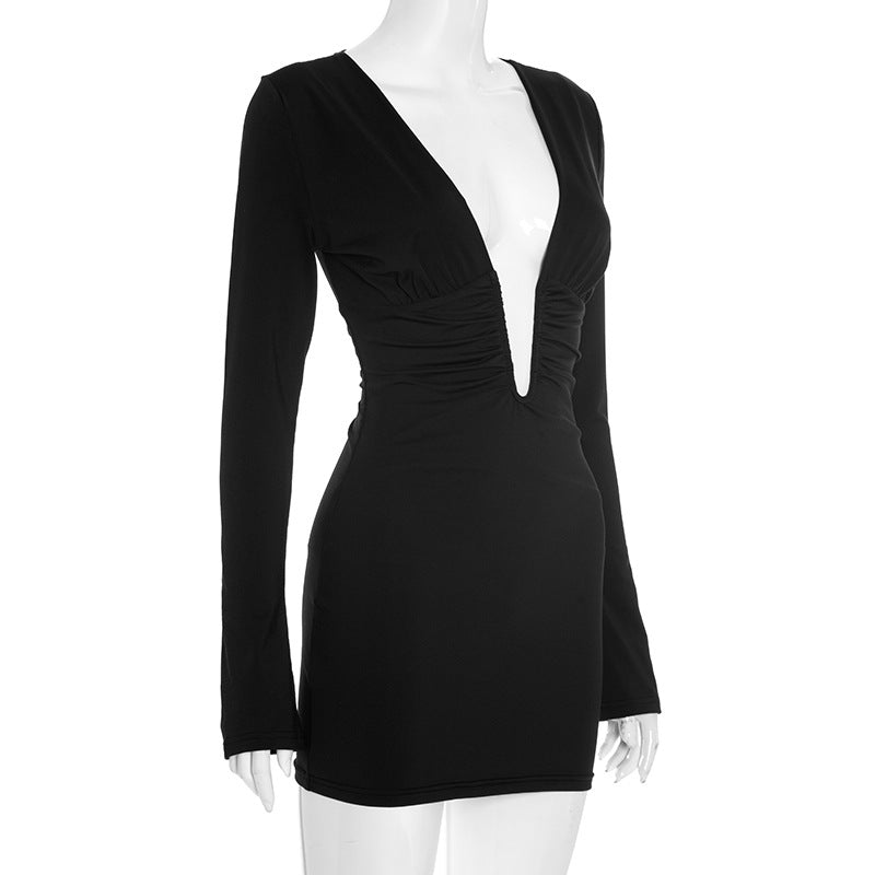 Women Sexy V-Neck Cutout Long-Sleeve Gathered Bodycon Dress 8