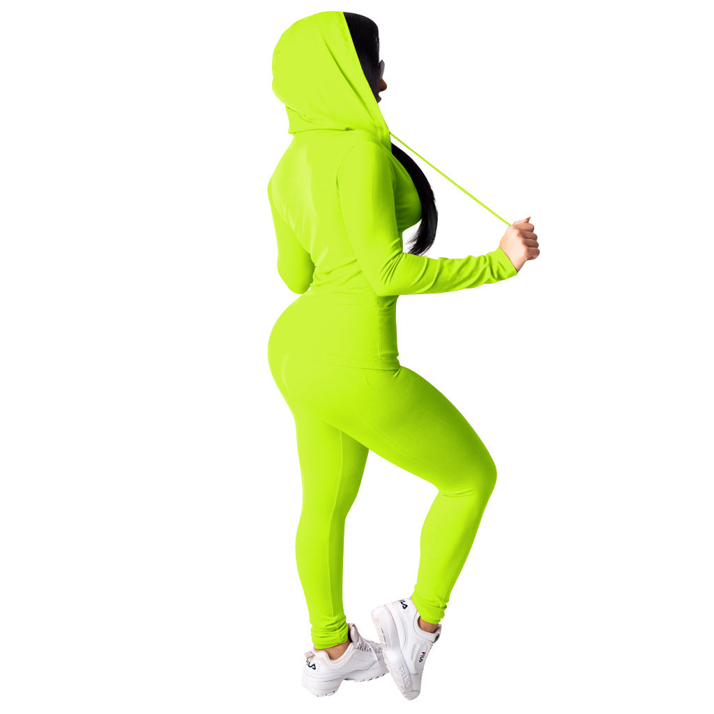 Spring Sexy Casual Solid Color Hooded Two Piece Tracksuit 8